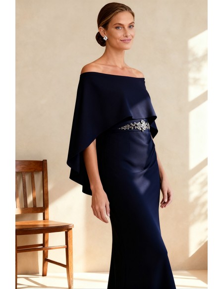 Navy Blue Wedding Party Dress with Off Shoulder Cape and Beaded Waist