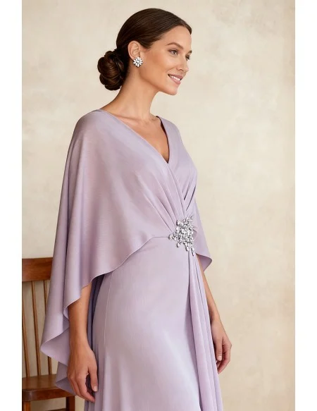 Formal Lavender Wedding Party Dress Featuring V Neckline and Flowing Cape