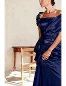 Elegant Navy Blue Mermaid Satin Wedding Party Dress with Off Shoulder