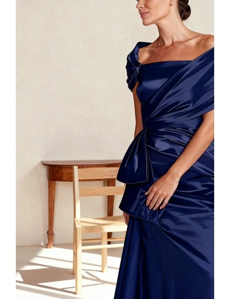Elegant Navy Blue Mermaid Satin Wedding Party Dress with Off Shoulder