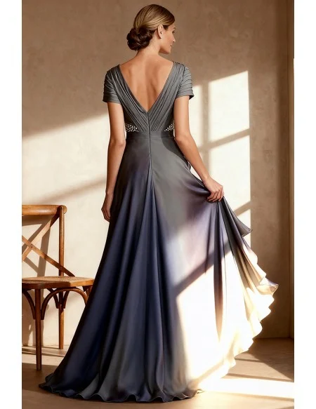 Grey V Neck Wedding Party Dress with Beaded Waistband Short Sleeves