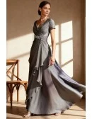 Grey V Neck Wedding Party Dress with Beaded Waistband Short Sleeves