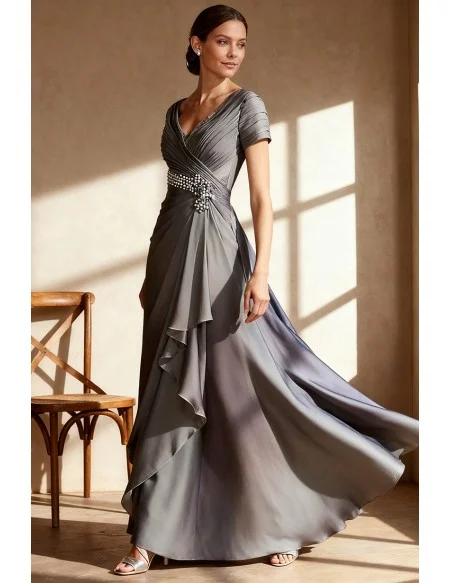 Grey V Neck Wedding Party Dress with Beaded Waistband Short Sleeves