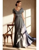 Grey V Neck Wedding Party Dress with Beaded Waistband Short Sleeves