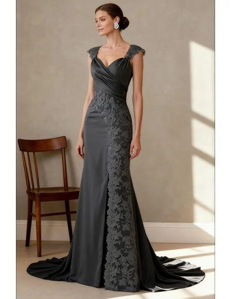 Chic Dark Grey Wedding Party Dress with Lace and Draped Bodice