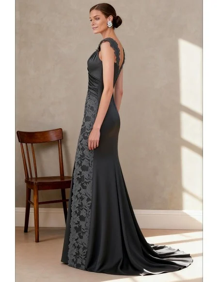 Chic Dark Grey Wedding Party Dress with Lace and Draped Bodice
