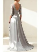 Formal Grey Wedding Party Dress with Lace Sleeve and Ruffled Skirt