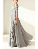Formal Grey Wedding Party Dress with Lace Sleeve and Ruffled Skirt