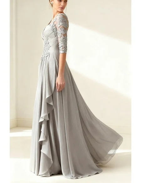 Formal Grey Wedding Party Dress with Lace Sleeve and Ruffled Skirt