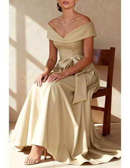 Elegant Off Shoulder Satin Wedding Guest Dress with Maxi Length