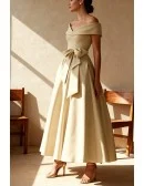 Elegant Off Shoulder Satin Wedding Guest Dress with Maxi Length