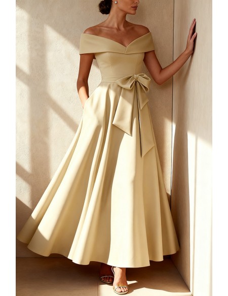 Elegant Off Shoulder Satin Wedding Guest Dress with Maxi Length