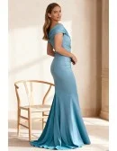 Stylish Blue Wedding Party Dress with Mermaid Silhouette and Draped Off Shoulder