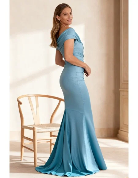 Stylish Blue Wedding Party Dress with Mermaid Silhouette and Draped Off Shoulder