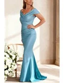 Stylish Blue Wedding Party Dress with Mermaid Silhouette and Draped Off Shoulder