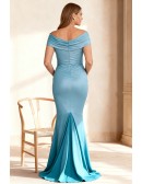 Stylish Blue Wedding Party Dress with Mermaid Silhouette and Draped Off Shoulder