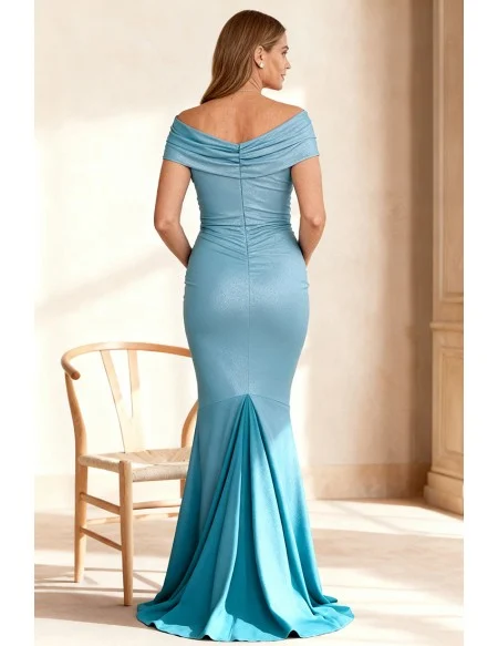 Stylish Blue Wedding Party Dress with Mermaid Silhouette and Draped Off Shoulder