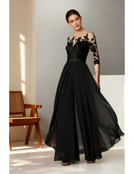 Chic Sheer Sleeve Long Gown for Wedding Guest with Wide Leg Pants