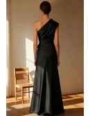 Elegant One Shoulder Black Satin Wedding Guest Dress