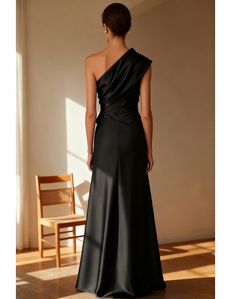 Elegant One Shoulder Black Satin Wedding Guest Dress