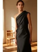 Elegant One Shoulder Black Satin Wedding Guest Dress