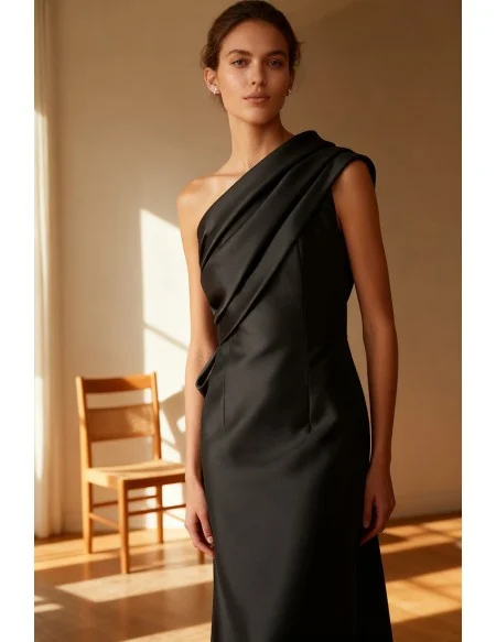 Elegant One Shoulder Black Satin Wedding Guest Dress