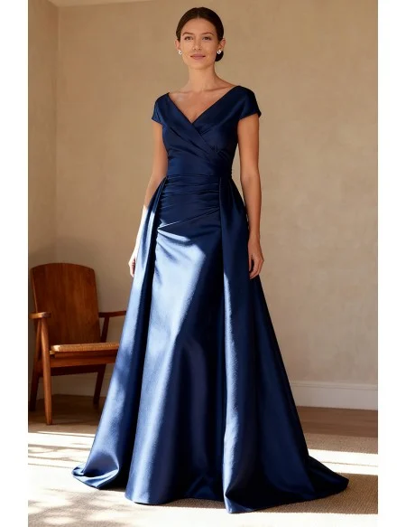 Navy Blue Wedding Party Dress with Cap Sleeve and Draped Waist