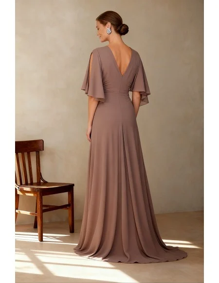 Chiffon Formal Gown with Flowing Cape Sleeves and Embellished Front Detail