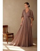 Chiffon Formal Gown with Flowing Cape Sleeves and Embellished Front Detail
