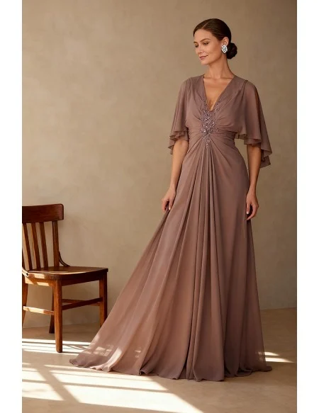 Chiffon Formal Gown with Flowing Cape Sleeves and Embellished Front Detail