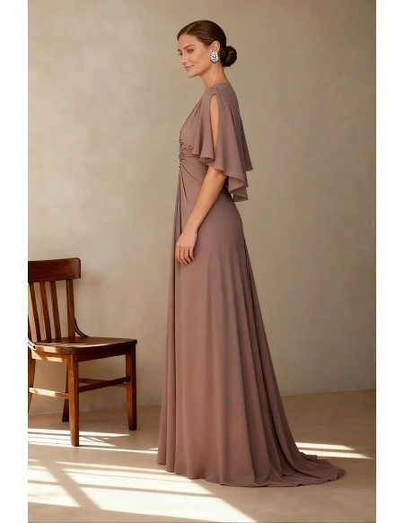 Chiffon Formal Gown with Flowing Cape Sleeves and Embellished Front Detail