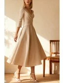 Stylish Beige Tea Length Wedding Guest Dress with Three Quarter Sleeve