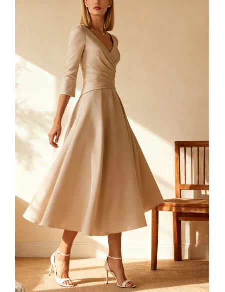 Stylish Beige Tea Length Wedding Guest Dress with Three Quarter Sleeve
