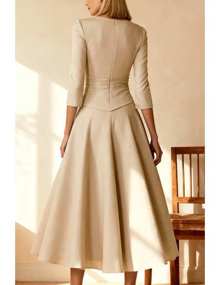 Stylish Beige Tea Length Wedding Guest Dress with Three Quarter Sleeve