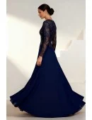Formal Navy Blue Wedding Party Dress with Long Sleeve Lace Bodice
