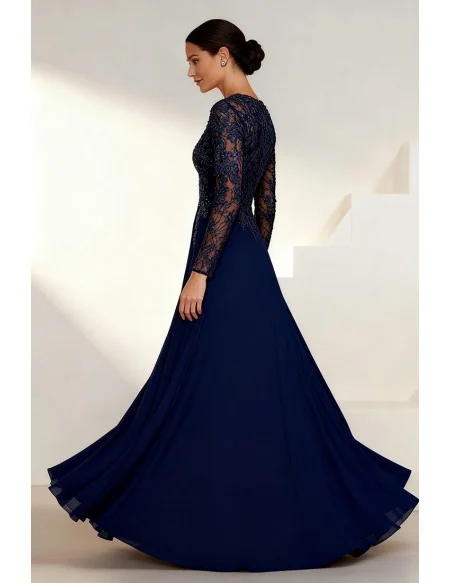 Formal Navy Blue Wedding Party Dress with Long Sleeve Lace Bodice