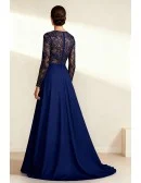 Formal Navy Blue Wedding Party Dress with Long Sleeve Lace Bodice