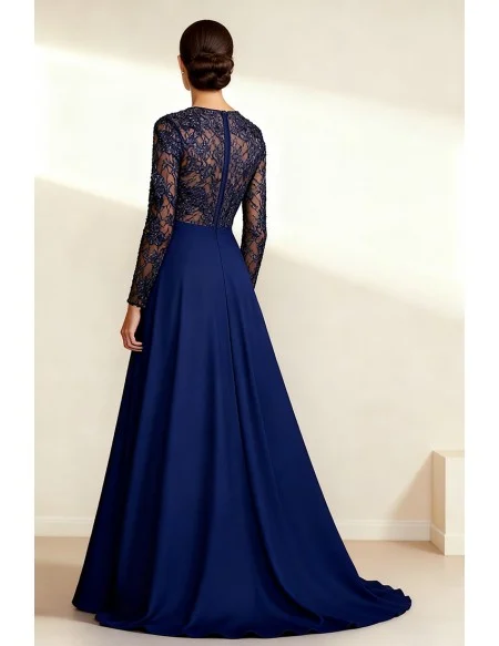 Formal Navy Blue Wedding Party Dress with Long Sleeve Lace Bodice