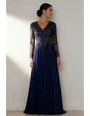 Formal Navy Blue Wedding Party Dress with Long Sleeve Lace Bodice