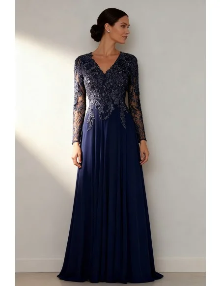 Formal Navy Blue Wedding Party Dress with Long Sleeve Lace Bodice