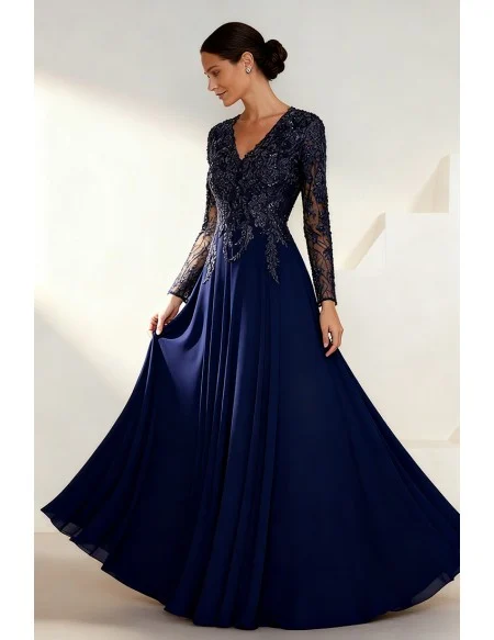 Formal Navy Blue Wedding Party Dress with Long Sleeve Lace Bodice
