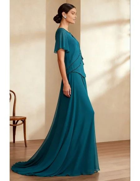 Teal Chiffon Flowing Wedding Party Dress with Layered Beaded Detail