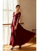 Burgundy Wedding Party Dress with Off Shoulder Three Quarter Lace Sleeve