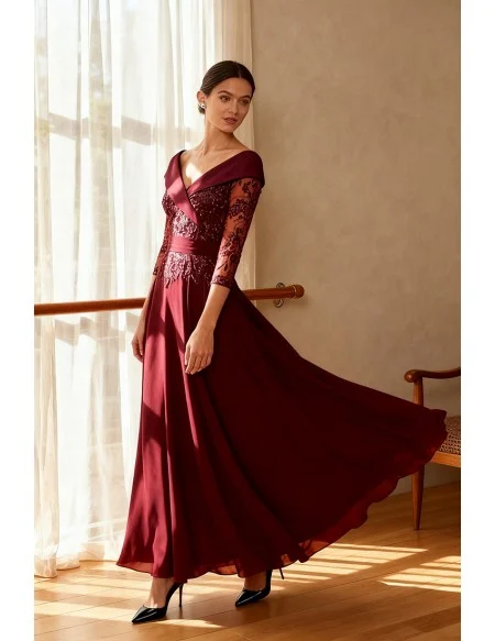 Burgundy Wedding Party Dress with Off Shoulder Three Quarter Lace Sleeve