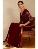 Burgundy Wedding Party Dress with Off Shoulder Three Quarter Lace Sleeve