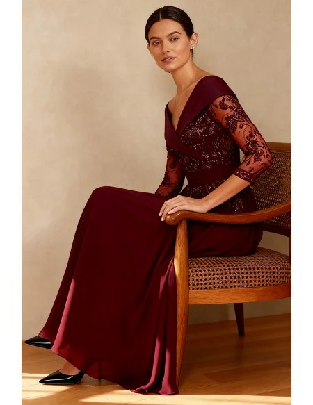 Burgundy Wedding Party Dress with Off Shoulder Three Quarter Lace Sleeve