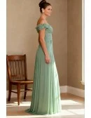 Mint Green Chiffon Wedding Guest Dress with Off Shoulder Wrap Bodice