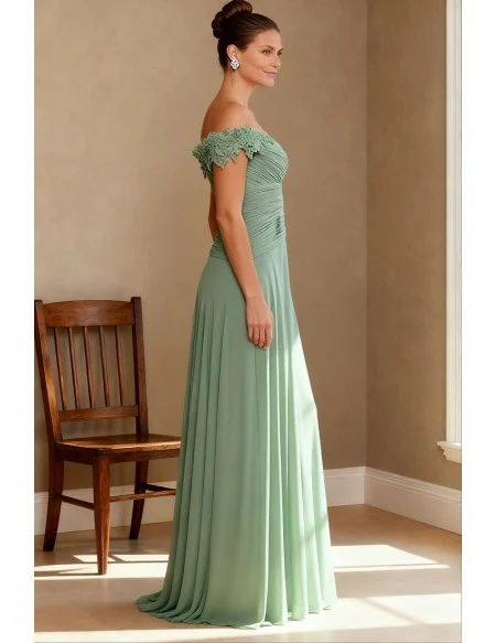 Mint Green Chiffon Wedding Guest Dress with Off Shoulder Wrap Bodice