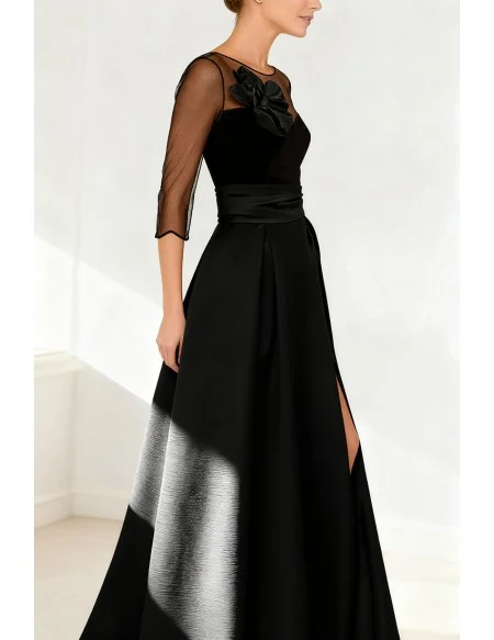 Formal Wedding Party Dress with Illusion Neckline and Large Floral Accent