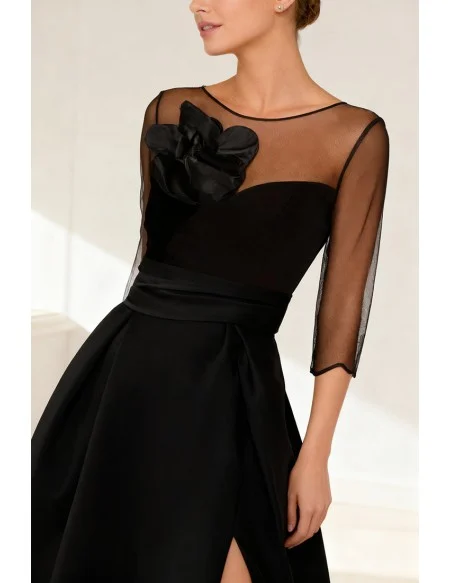 Formal Wedding Party Dress with Illusion Neckline and Large Floral Accent